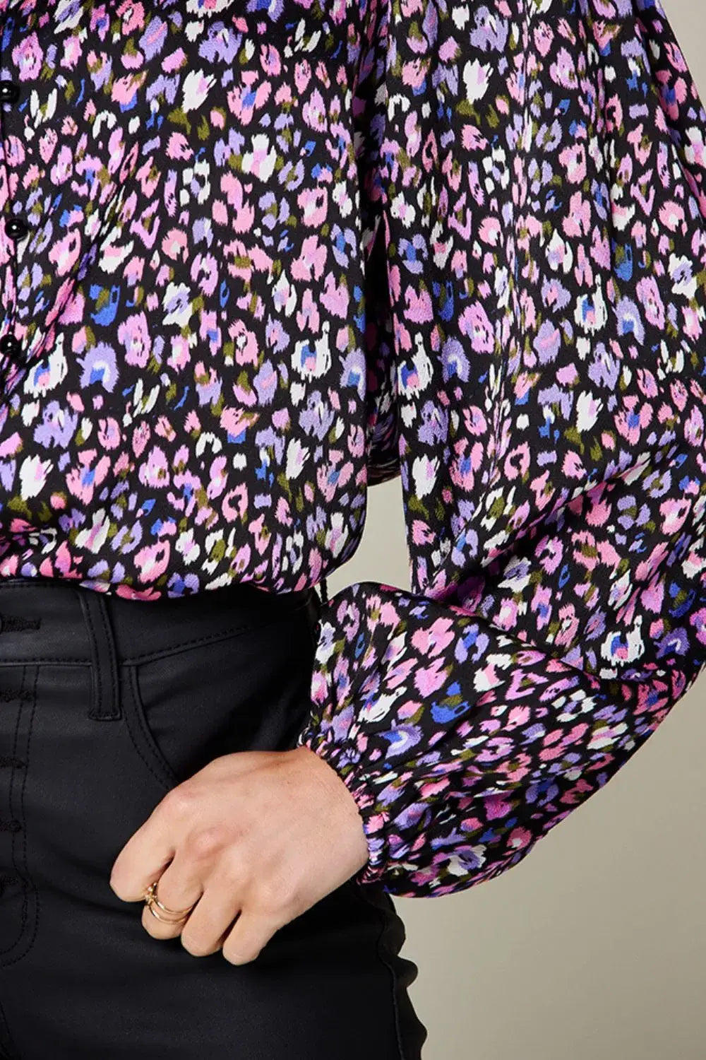 Double Take Full Size Printed Balloon Sleeve Shirt - Trendsi - Flyclothing LLC