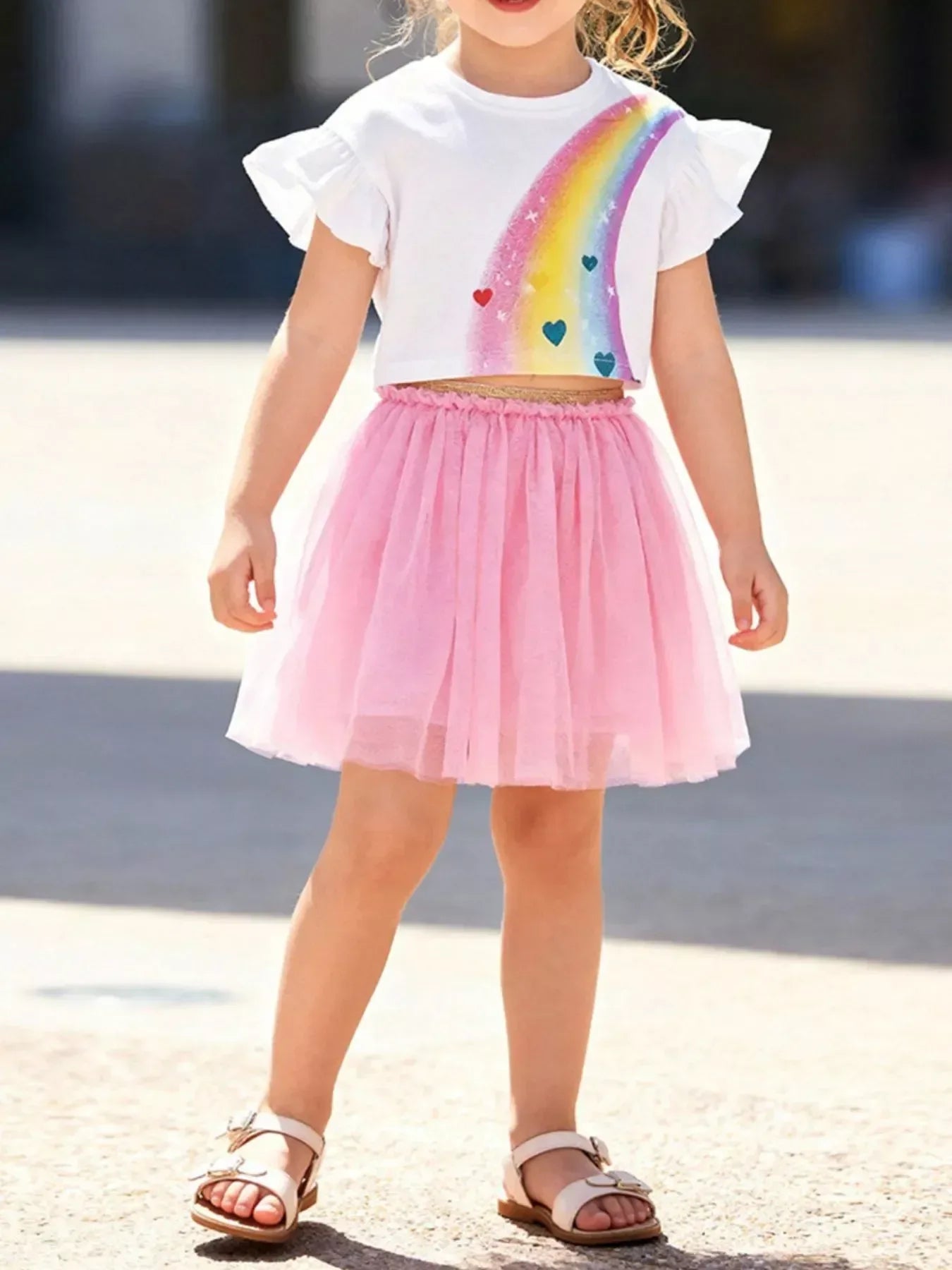 Children's Rainbow Ruffle Sleeve Top and Tulle Skirt Set - Trendsi - Flyclothing LLC