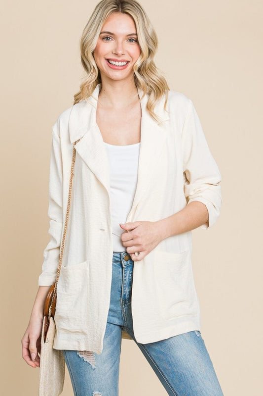 Culture Code One Button Long Sleeve Blazer with Pockets - Trendsi