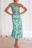 Ruched Printed Single Shoulder Midi Dress - Trendsi