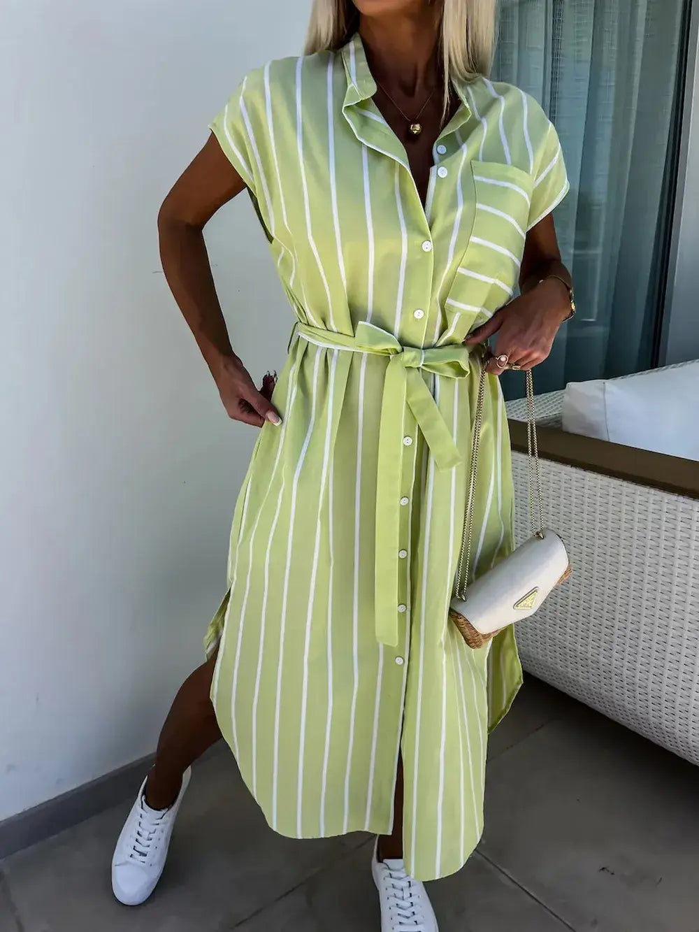 Striped Tie Waist Short Sleeve Dress - Trendsi - Flyclothing LLC