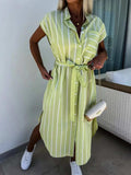 Striped Tie Waist Short Sleeve Dress - Trendsi - Flyclothing LLC
