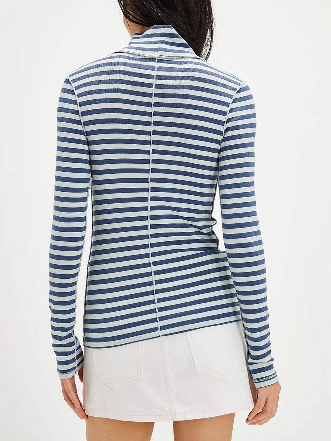 Exposed Seam Striped Turtleneck Long Sleeve T-Shirt - Trendsi - Flyclothing LLC