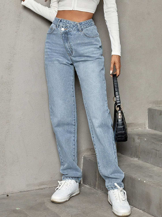 Asymmetrical Waist Straight Leg Jeans - Trendsi - Flyclothing LLC