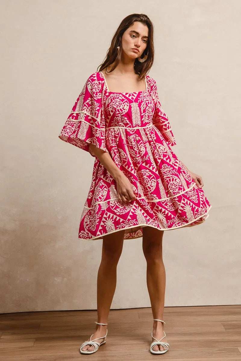 BiBi Aztec Woven Printed Contrast Binding Dress - Trendsi - Flyclothing LLC