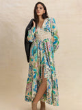Slit Printed V-Neck Long Sleeve Midi Dress - Trendsi
