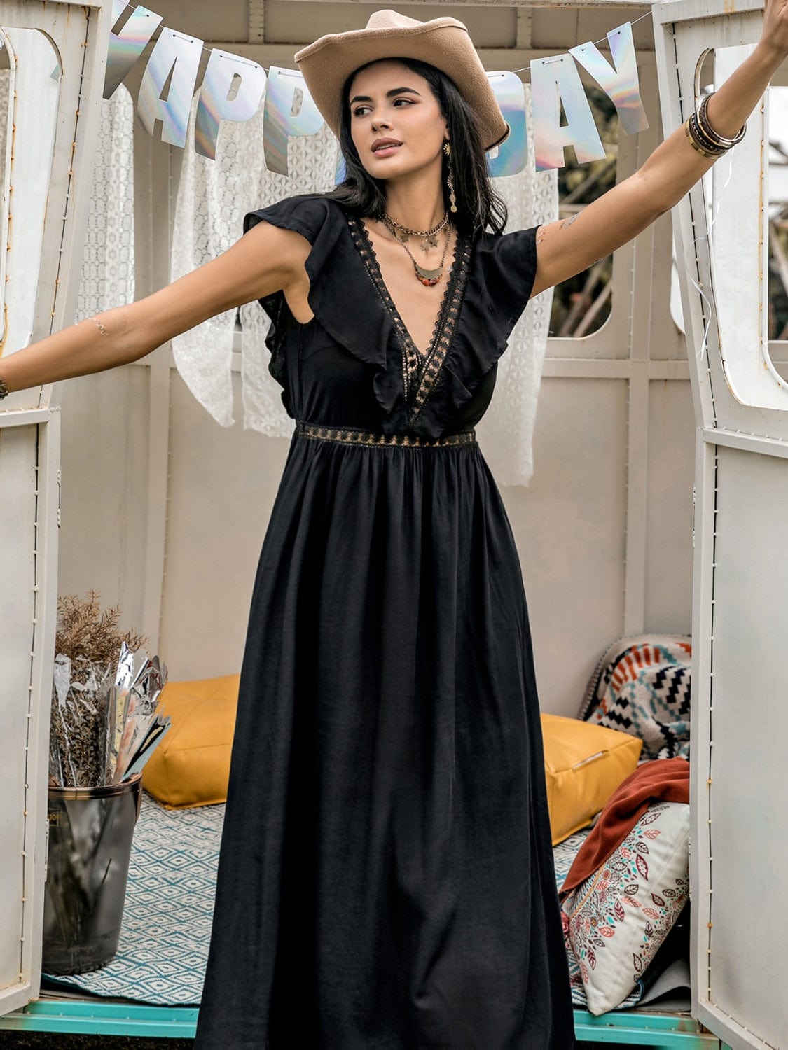 Lace Detail Plunge Cap Sleeve Midi Dress - Trendsi