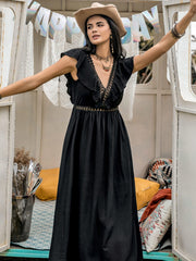 Lace Detail Plunge Cap Sleeve Midi Dress - Trendsi