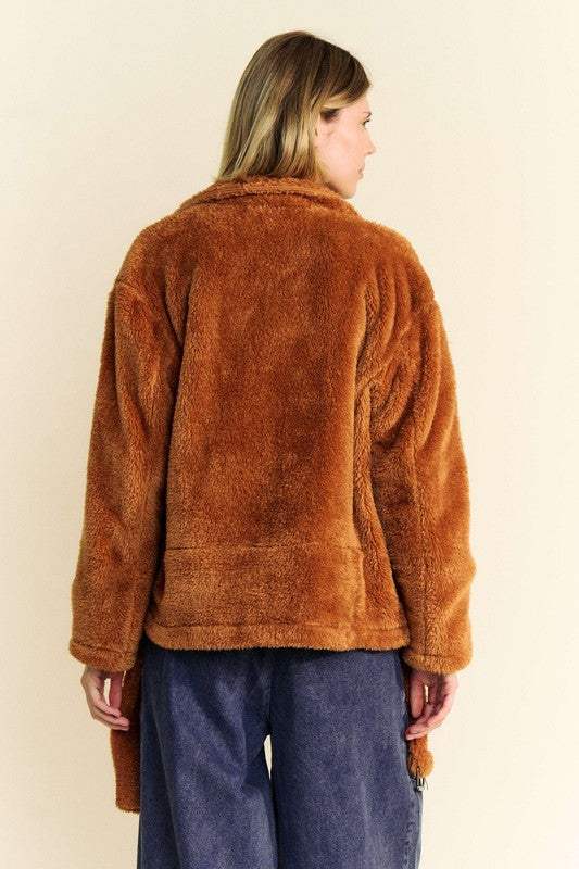 Davi & Dani Fuzzy Zip Up Collared Neck Jacket - Trendsi - Flyclothing LLC