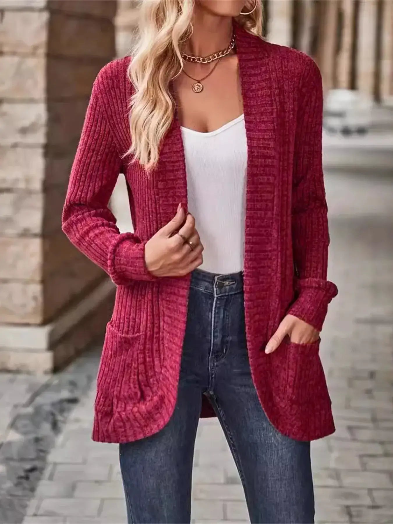 Ribbed Open Front Long Cardigan with Pockets - Trendsi - Flyclothing LLC