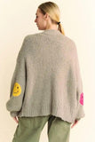 Davi & Dani Fuzzy Smile Open Front Long Sleeve Cardigan - Trendsi