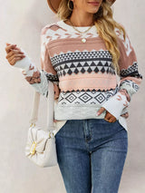 Geometric Pattern Round Neck Sweater - Trendsi - Flyclothing LLC