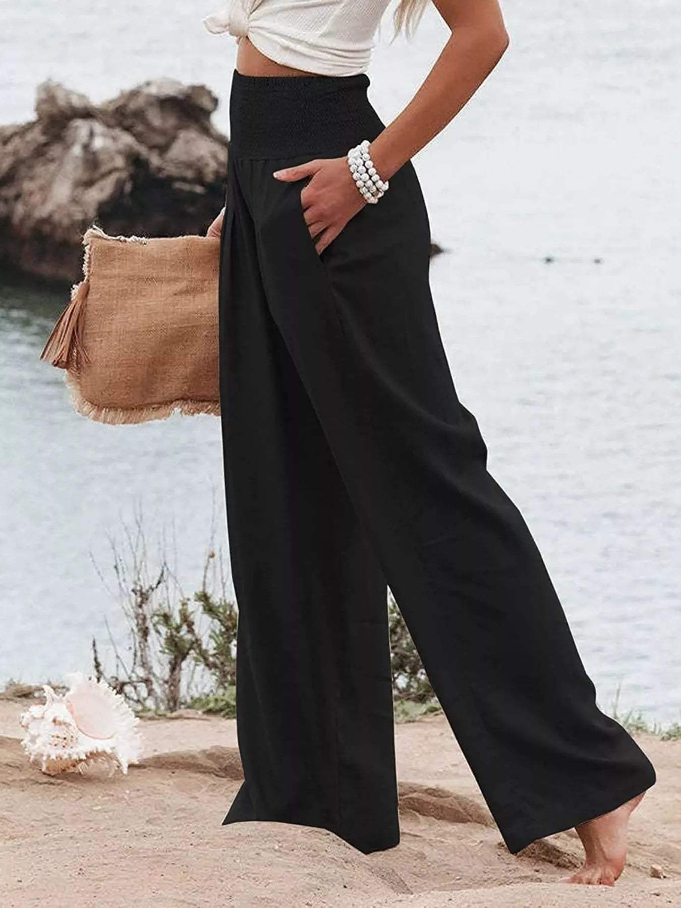 Smocked High Waisted Wide Leg Pants - Trendsi - Flyclothing LLC