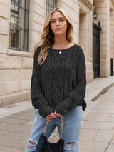 Round Neck Dropped Shoulder Long Sleeve Sweater - Trendsi - Flyclothing LLC