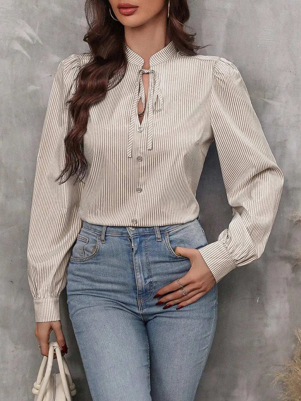 Striped Tie Neck Long Sleeve Blouse - Trendsi - Flyclothing LLC