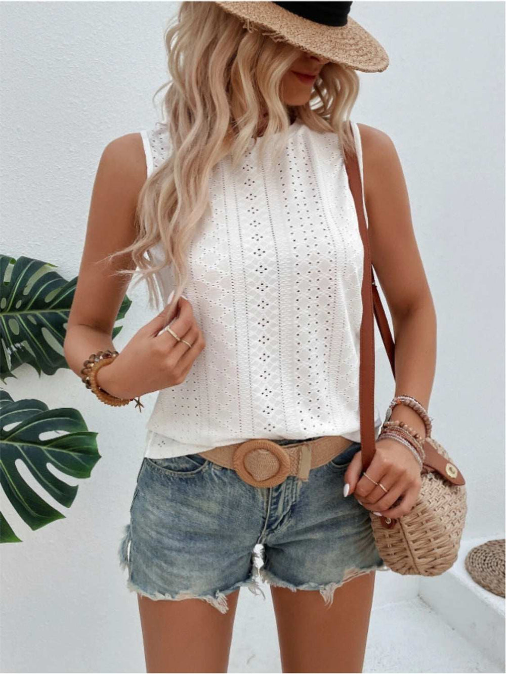 Eyelet Round Neck Tank - Trendsi - Flyclothing LLC