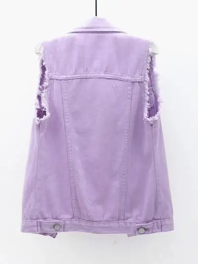 Full Size Button Down Raw Hem Sleeveless Denim Jacket Plus Size - Trendsi - Flyclothing LLC