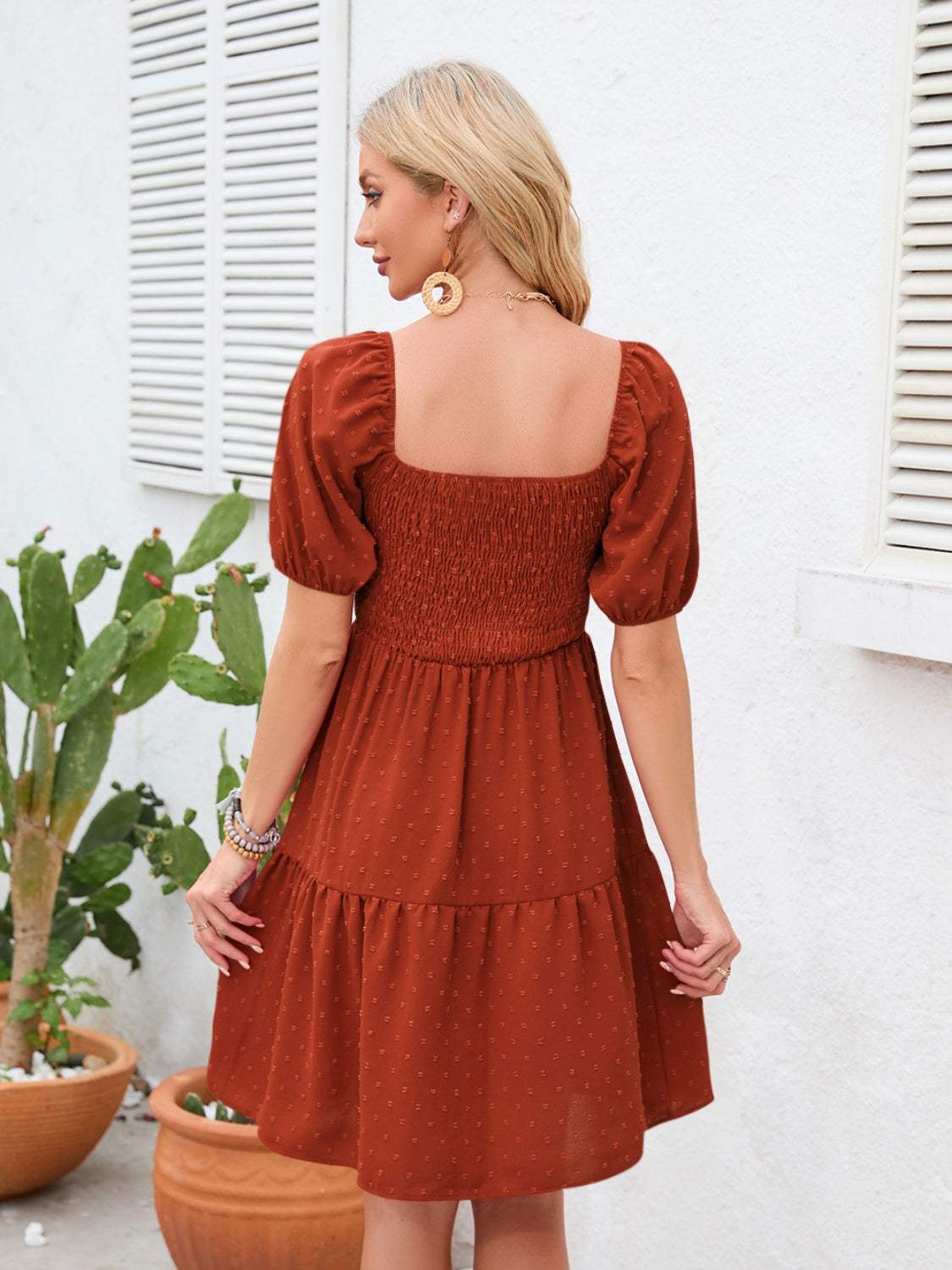 Swiss Dot Smocked Square Neck Dress - Trendsi - Flyclothing LLC