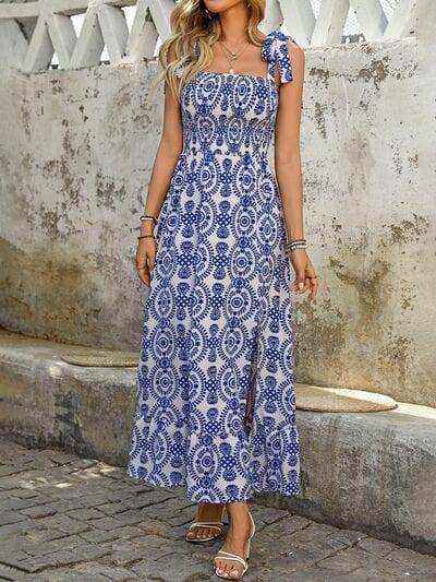 Perfee Slit Smocked Square Neck Printed Maxi Cami Dress - Trendsi - Flyclothing LLC