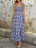 Perfee Slit Smocked Square Neck Printed Maxi Cami Dress - Trendsi