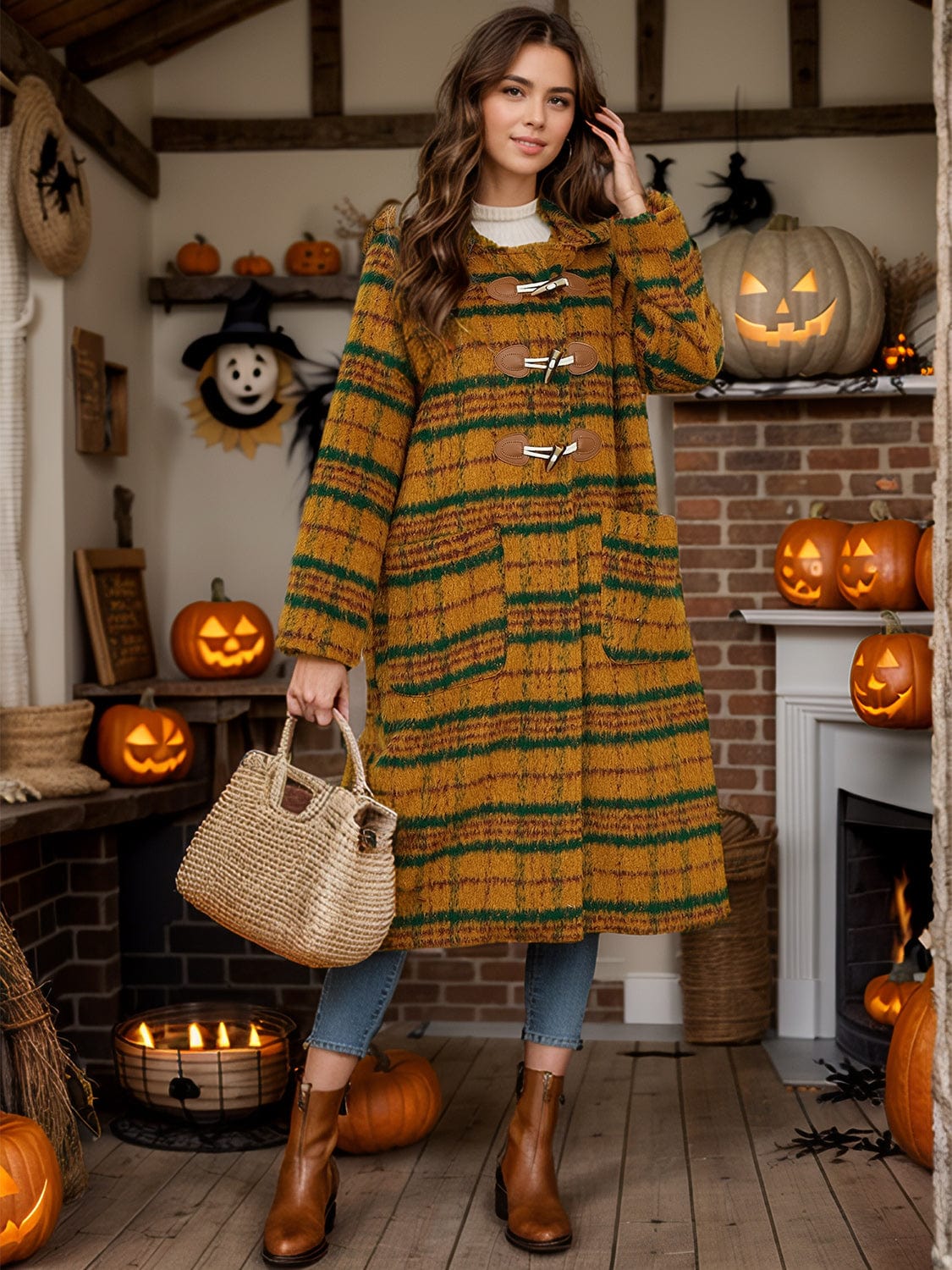 Plaid Long Sleeve Hooded Coat with Pockets - Trendsi