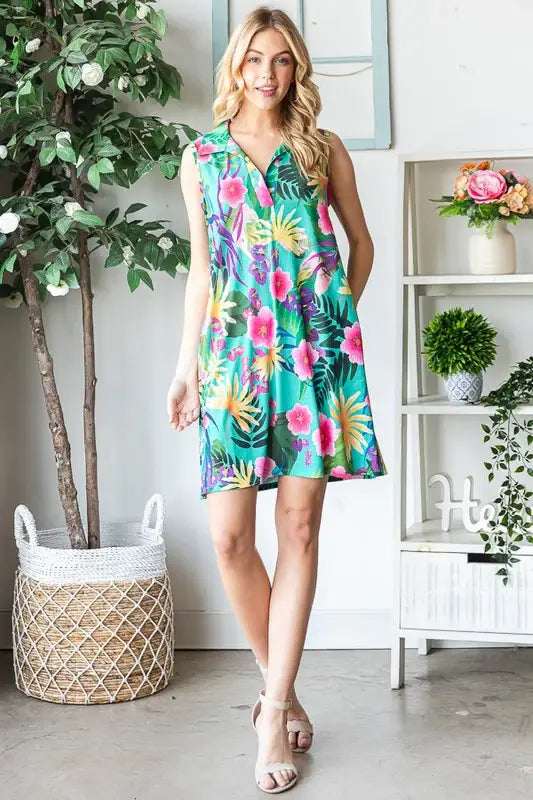 Heimish Full Size Floral Johnny Collar Sleeveless Dress Plus Size - Trendsi - Flyclothing LLC