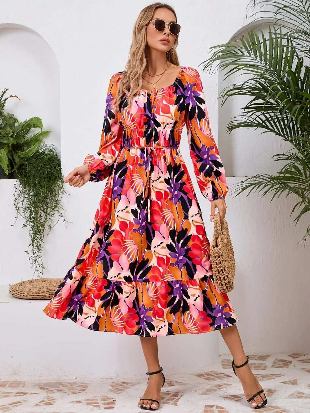 Printed Long Sleeve Midi Dress - Trendsi - Flyclothing LLC