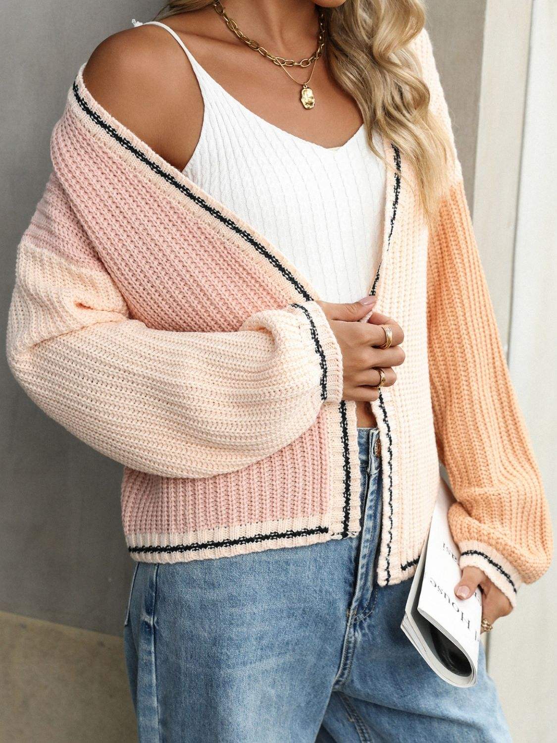 Contrast Open Front Long Sleeve Cardigan - Trendsi - Flyclothing LLC