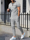 Men's Full Size Waffle Knit Short Sleeve Polo and Pants Set Plus Size - Trendsi