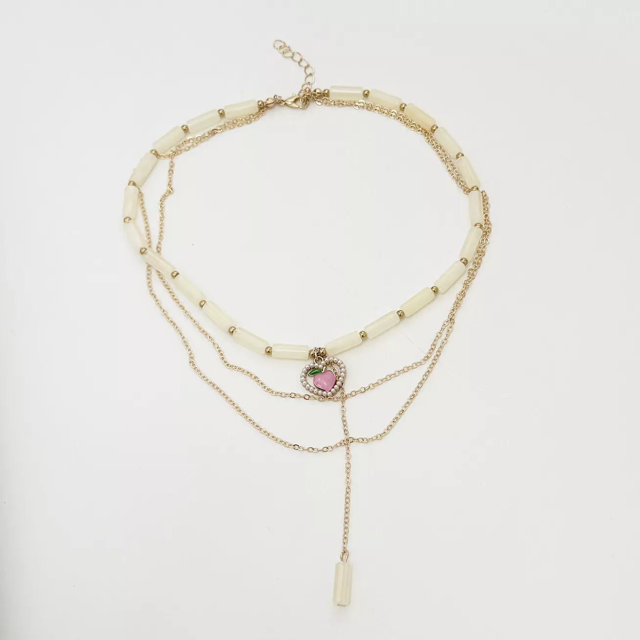 Layered Heart Pendant Necklace with Jade Beads - Trendsi - Flyclothing LLC
