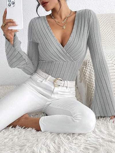 Ribbed Flare Sleeve Top - Trendsi - Flyclothing LLC