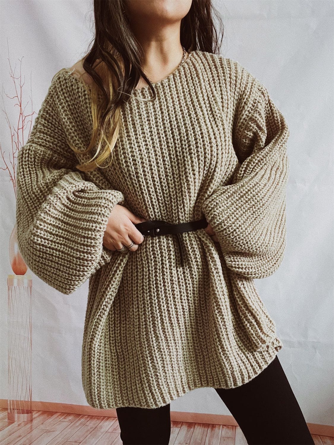 Boat Neck Long Sleeve Sweater with Belt - Trendsi