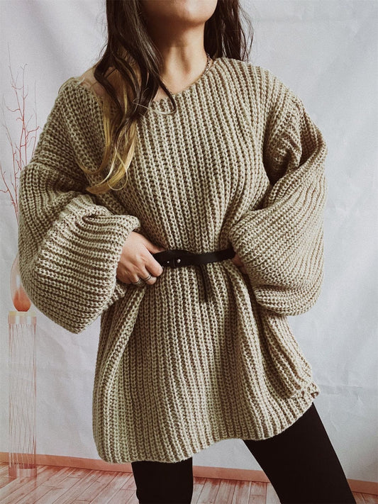 Boat Neck Long Sleeve Sweater with Belt - Trendsi