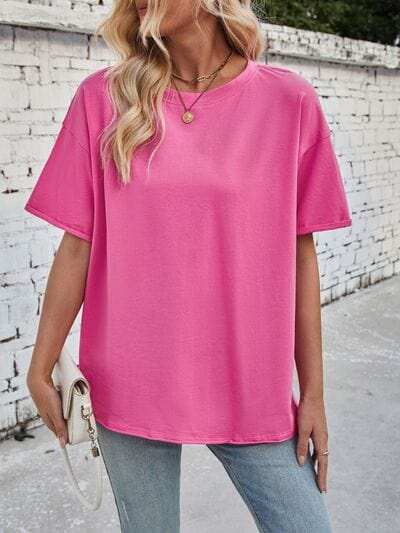 Lovelet Exposed Seam Round Neck Half Sleeve T-Shirt - Trendsi - Flyclothing LLC