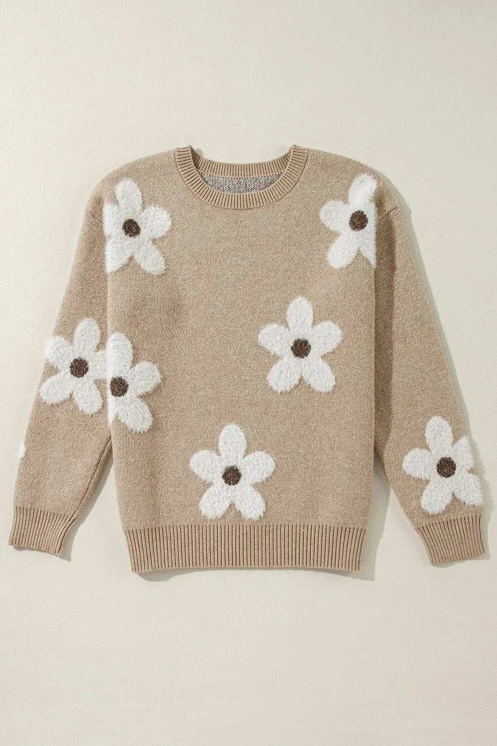Flower Round Neck Long Sleeve Sweater - Trendsi - Flyclothing LLC