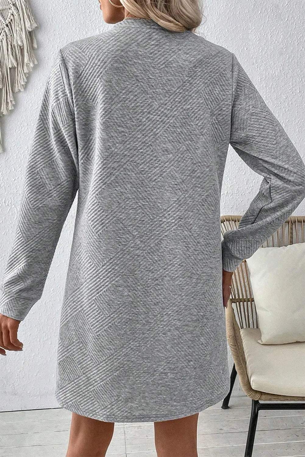 Textured Round Neck Long Sleeve Mini Dress - Trendsi - Flyclothing LLC