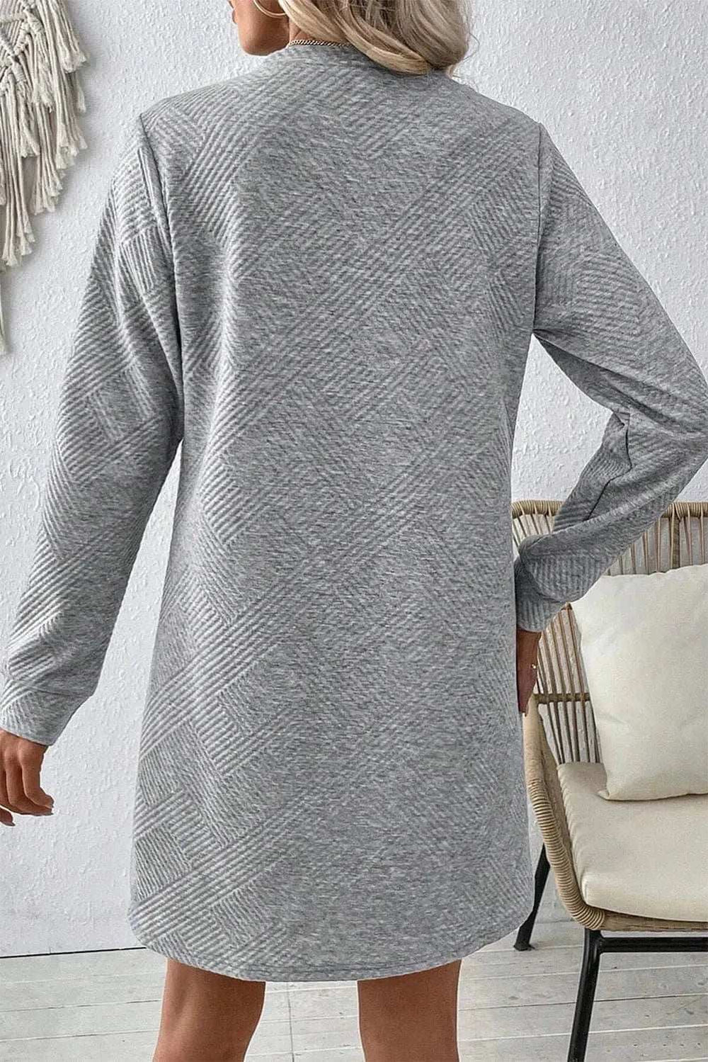Textured Round Neck Long Sleeve Mini Dress - Trendsi - Flyclothing LLC