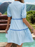 Striped Notched Short Sleeve Mini Dress - Trendsi