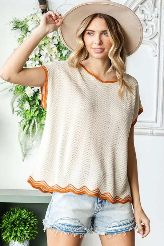 First Love Full Size Contrast Wavy Crochet Drop Shoulder Knit Top - Trendsi - Flyclothing LLC