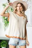 First Love Full Size Contrast Wavy Crochet Drop Shoulder Knit Top - Trendsi