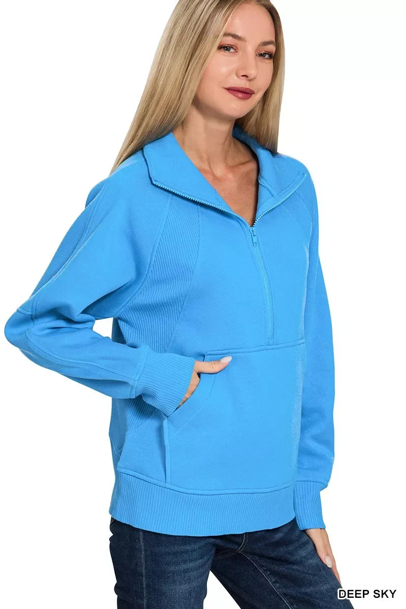Zenana Half Zip Fleece Sweatshirt with kangaroo Pocket - Trendsi - Flyclothing LLC