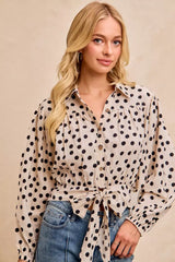 BiBi Polka Dot Print Tie Hem Detail Crop Shirt - Trendsi - Flyclothing LLC