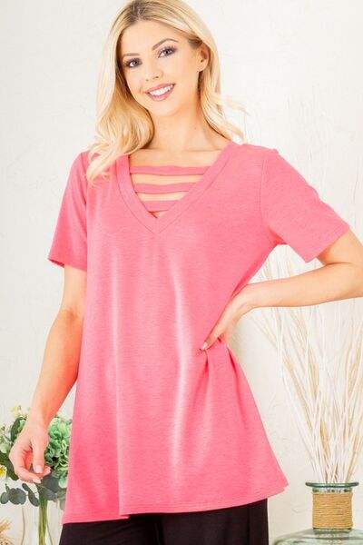 Heimish Full Size V-Neck Short Sleeve T-Shirt with Bar Detail Plus Size - Trendsi - Flyclothing LLC