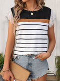 Lace Detail Striped Round Neck Cap Sleeve T-Shirt - Trendsi