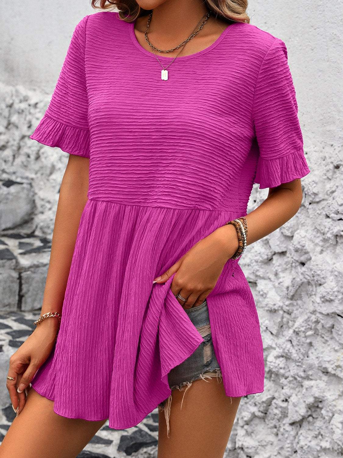 Round Neck Short Sleeve Blouse - Trendsi - Flyclothing LLC