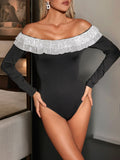 Perfee Sequin Ruffled Off-Shoulder Long Sleeve Bodysuit - Trendsi