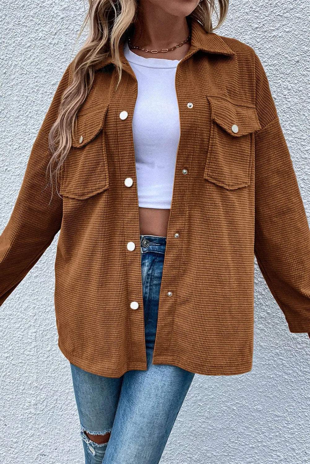 Pocketed Snap Down Long Sleeve Jacket - Trendsi - Flyclothing LLC