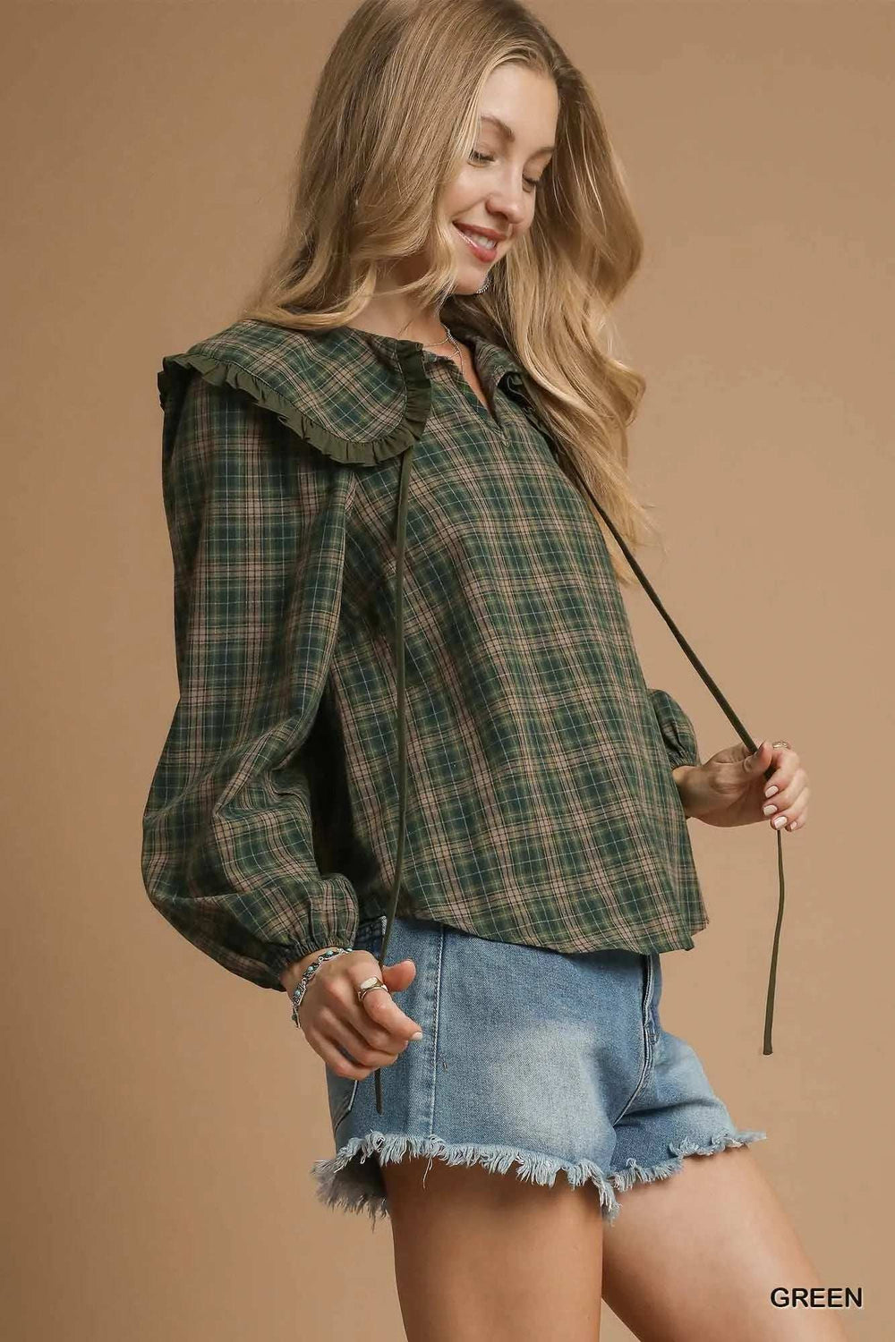 Umgee Full Size Plaid Ruffle Collar Blouse Plus Size - Trendsi - Flyclothing LLC