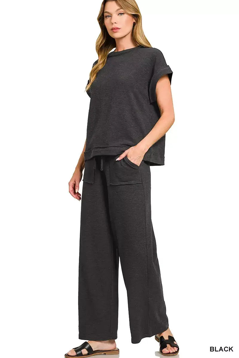 Zenana Cotton Slub Short Sleeve Tee and Pants Set - Trendsi - Flyclothing LLC