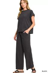 Zenana Cotton Slub Short Sleeve Tee and Pants Set - Trendsi - Flyclothing LLC